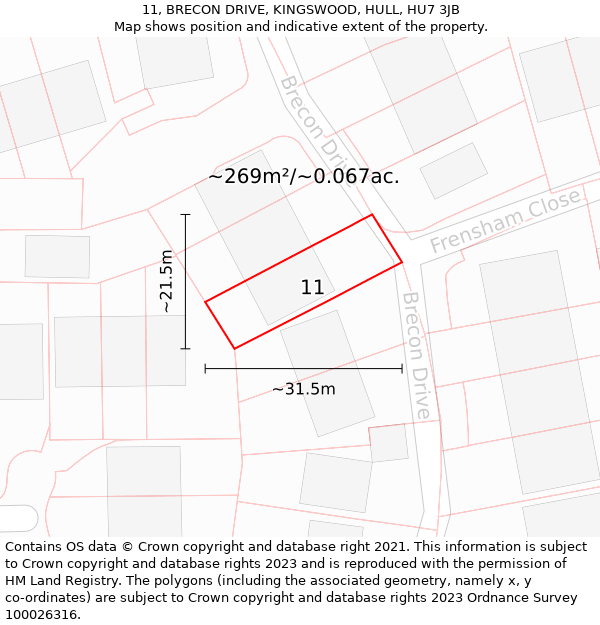 11, BRECON DRIVE, KINGSWOOD, HULL, HU7 3JB: Plot and title map
