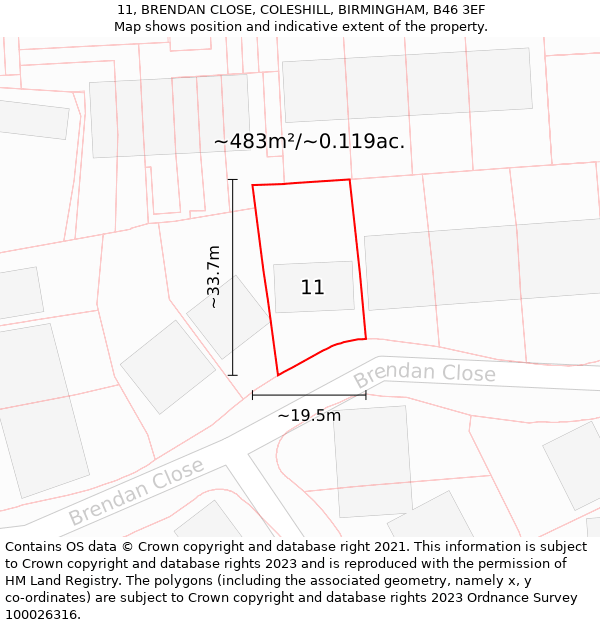 11, BRENDAN CLOSE, COLESHILL, BIRMINGHAM, B46 3EF: Plot and title map