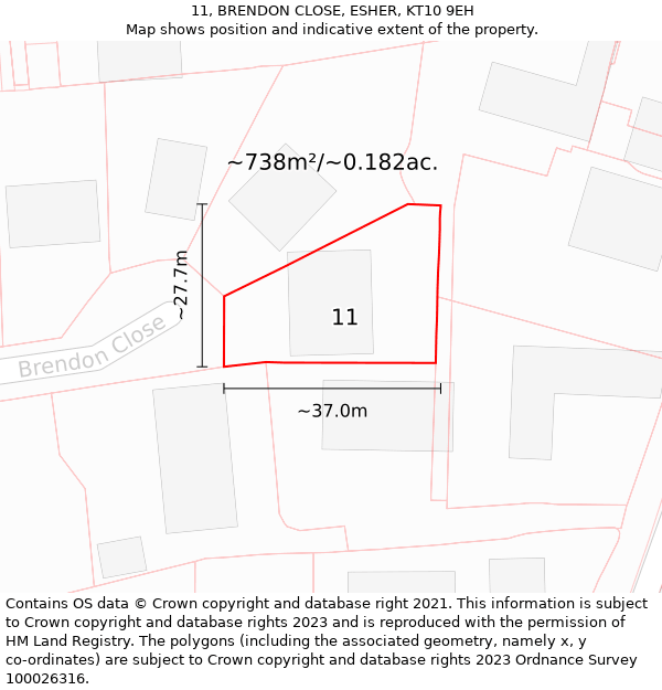 11, BRENDON CLOSE, ESHER, KT10 9EH: Plot and title map