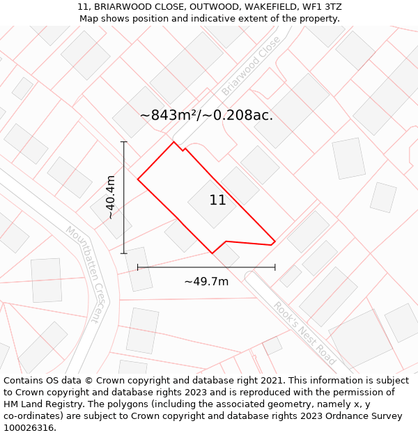 11, BRIARWOOD CLOSE, OUTWOOD, WAKEFIELD, WF1 3TZ: Plot and title map