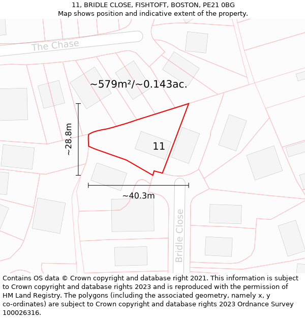 11, BRIDLE CLOSE, FISHTOFT, BOSTON, PE21 0BG: Plot and title map