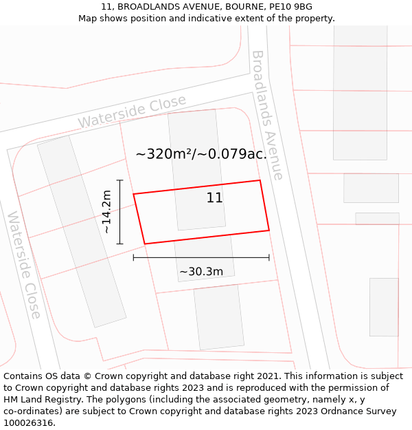 11, BROADLANDS AVENUE, BOURNE, PE10 9BG: Plot and title map