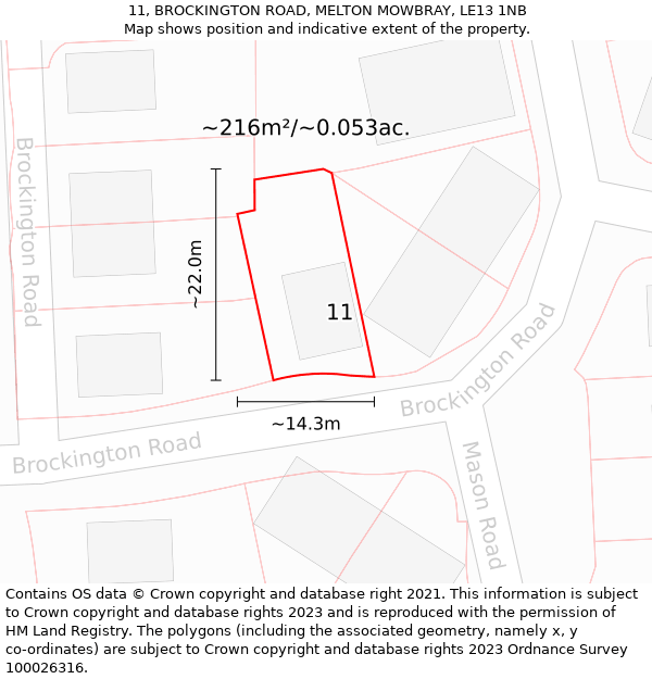 11, BROCKINGTON ROAD, MELTON MOWBRAY, LE13 1NB: Plot and title map