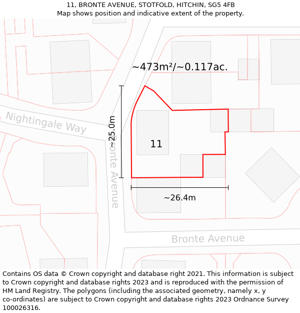 11, BRONTE AVENUE, STOTFOLD, HITCHIN, SG5 4FB: Plot and title map