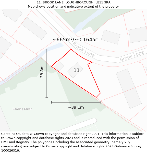 11, BROOK LANE, LOUGHBOROUGH, LE11 3RA: Plot and title map