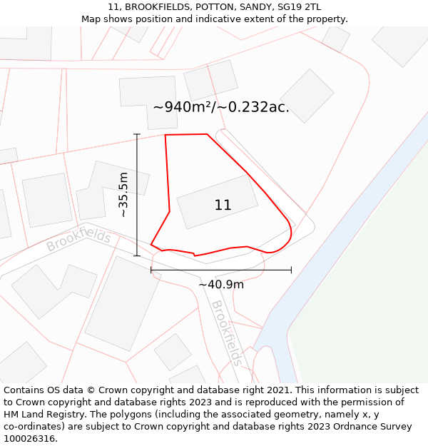 11, BROOKFIELDS, POTTON, SANDY, SG19 2TL: Plot and title map