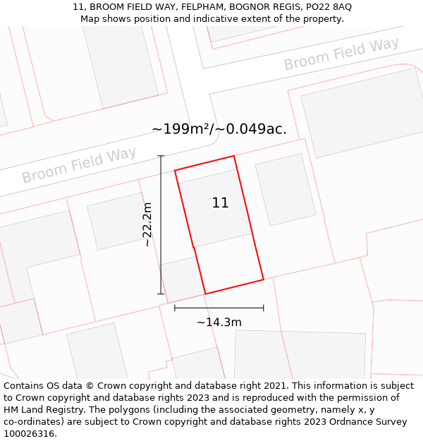 11, BROOM FIELD WAY, FELPHAM, BOGNOR REGIS, PO22 8AQ: Plot and title map