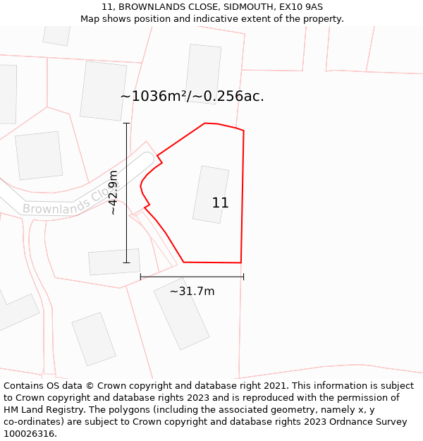 11, BROWNLANDS CLOSE, SIDMOUTH, EX10 9AS: Plot and title map