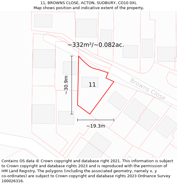 11, BROWNS CLOSE, ACTON, SUDBURY, CO10 0XL: Plot and title map