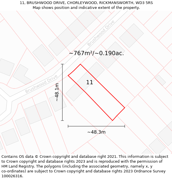 11, BRUSHWOOD DRIVE, CHORLEYWOOD, RICKMANSWORTH, WD3 5RS: Plot and title map