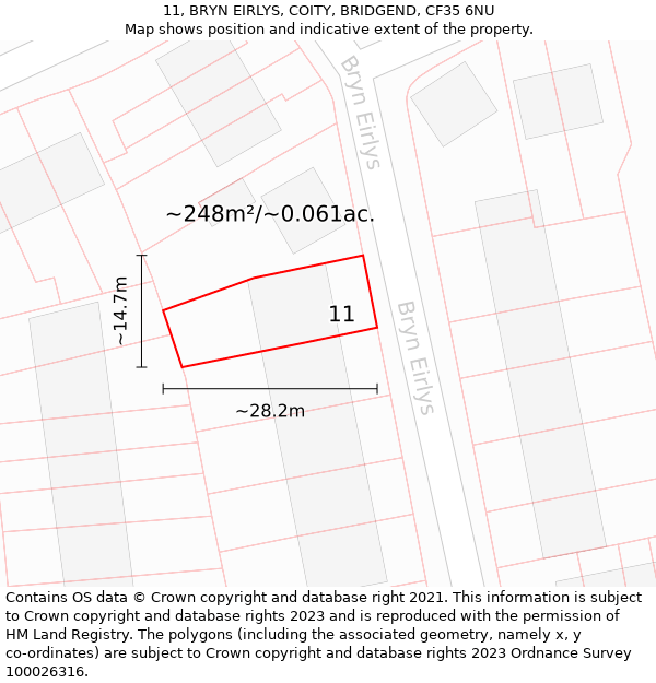 11, BRYN EIRLYS, COITY, BRIDGEND, CF35 6NU: Plot and title map