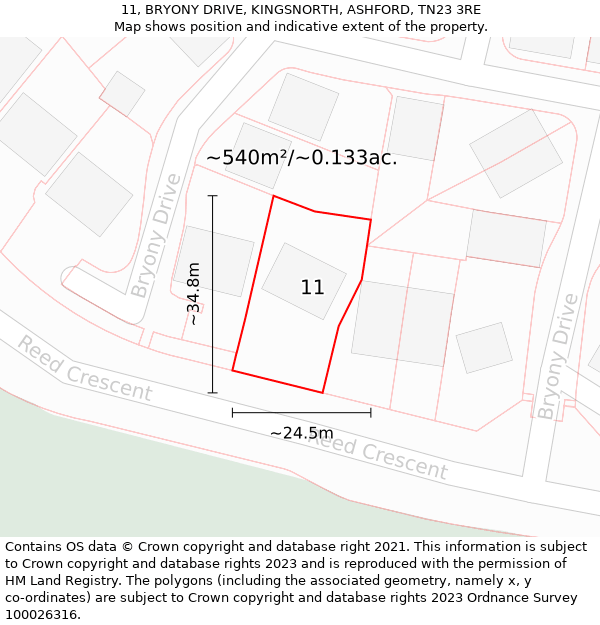 11, BRYONY DRIVE, KINGSNORTH, ASHFORD, TN23 3RE: Plot and title map