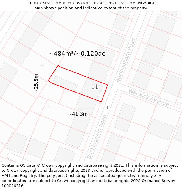 11, BUCKINGHAM ROAD, WOODTHORPE, NOTTINGHAM, NG5 4GE: Plot and title map