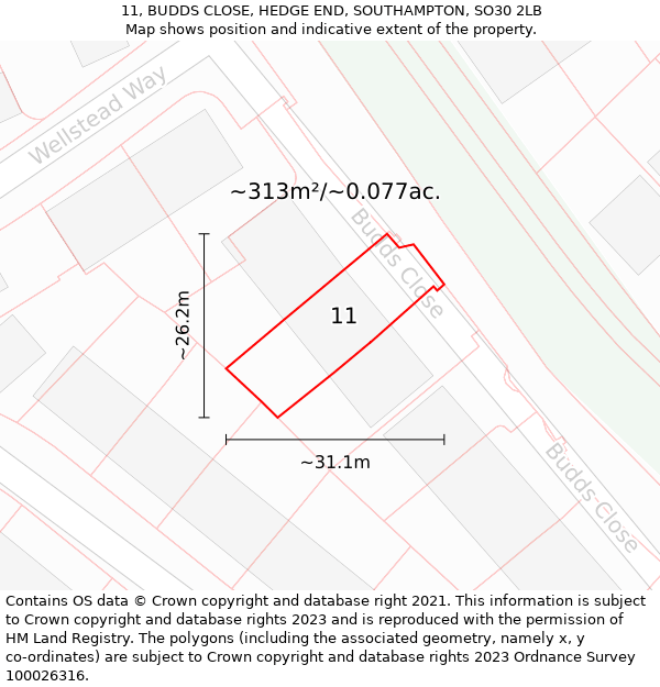 11, BUDDS CLOSE, HEDGE END, SOUTHAMPTON, SO30 2LB: Plot and title map