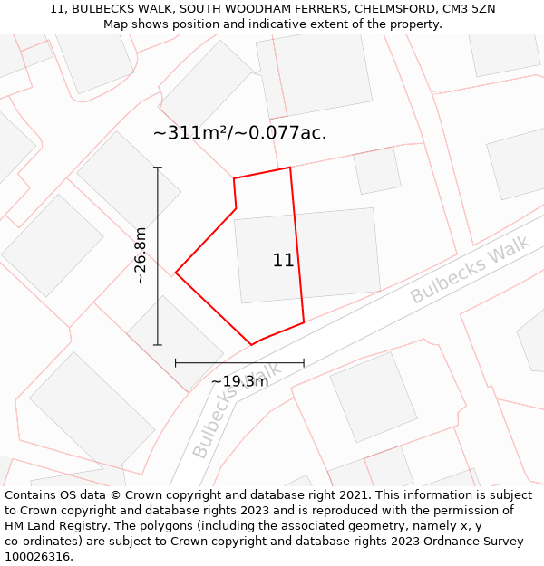 11, BULBECKS WALK, SOUTH WOODHAM FERRERS, CHELMSFORD, CM3 5ZN: Plot and title map