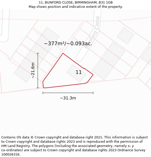 11, BUNFORD CLOSE, BIRMINGHAM, B31 1GB: Plot and title map