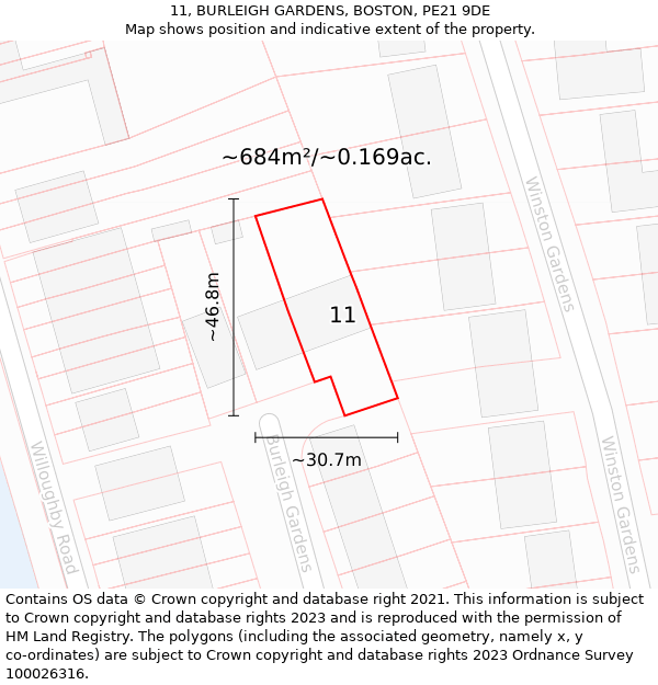 11, BURLEIGH GARDENS, BOSTON, PE21 9DE: Plot and title map