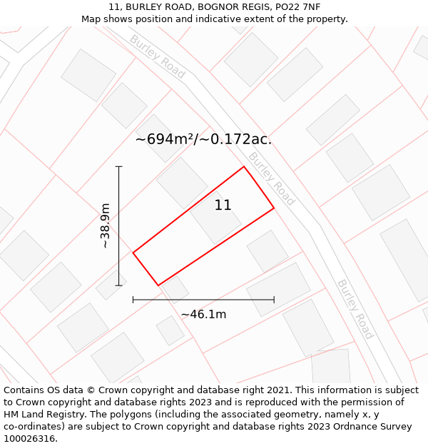 11, BURLEY ROAD, BOGNOR REGIS, PO22 7NF: Plot and title map