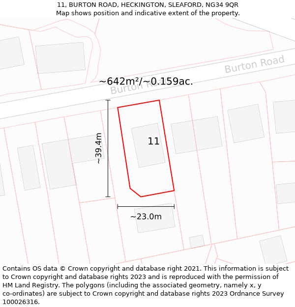 11, BURTON ROAD, HECKINGTON, SLEAFORD, NG34 9QR: Plot and title map