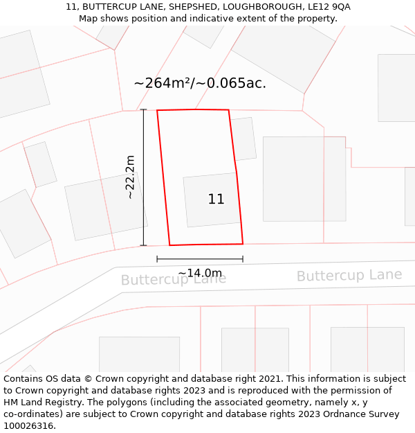 11, BUTTERCUP LANE, SHEPSHED, LOUGHBOROUGH, LE12 9QA: Plot and title map