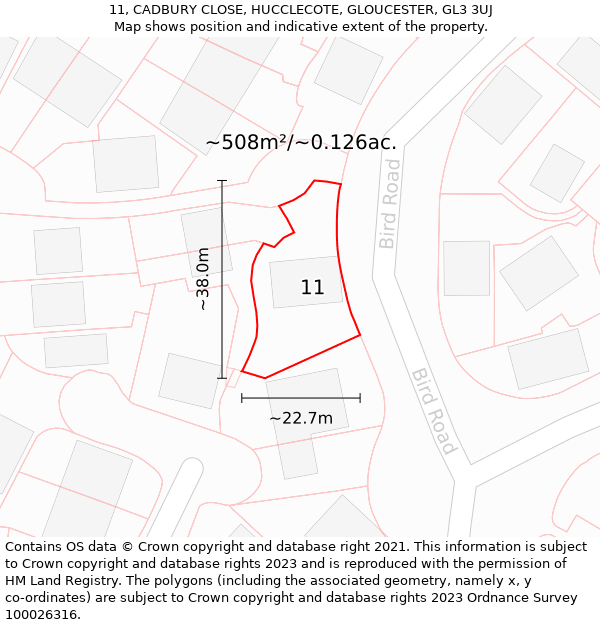 11, CADBURY CLOSE, HUCCLECOTE, GLOUCESTER, GL3 3UJ: Plot and title map