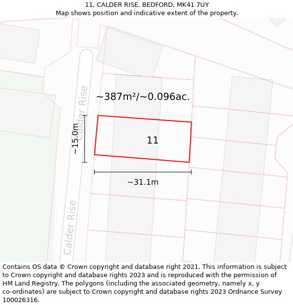 11, CALDER RISE, BEDFORD, MK41 7UY: Plot and title map