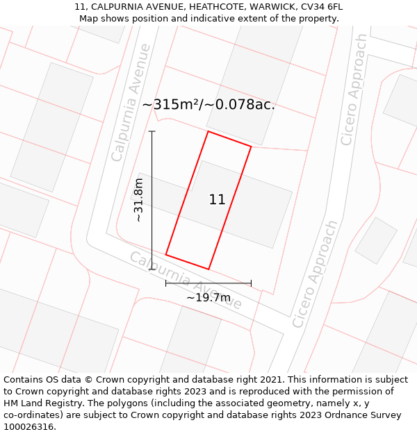 11, CALPURNIA AVENUE, HEATHCOTE, WARWICK, CV34 6FL: Plot and title map