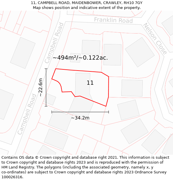 11, CAMPBELL ROAD, MAIDENBOWER, CRAWLEY, RH10 7GY: Plot and title map