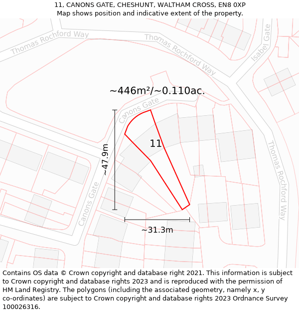 11, CANONS GATE, CHESHUNT, WALTHAM CROSS, EN8 0XP: Plot and title map