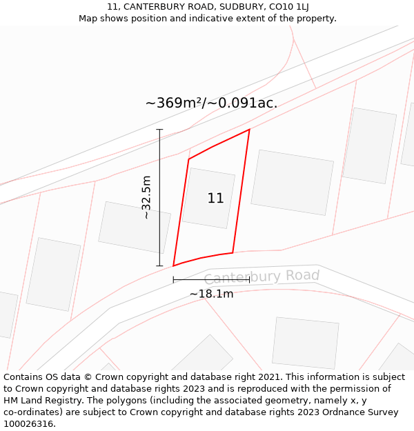 11, CANTERBURY ROAD, SUDBURY, CO10 1LJ: Plot and title map