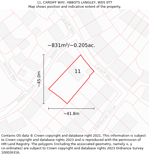 11, CARDIFF WAY, ABBOTS LANGLEY, WD5 0TT: Plot and title map