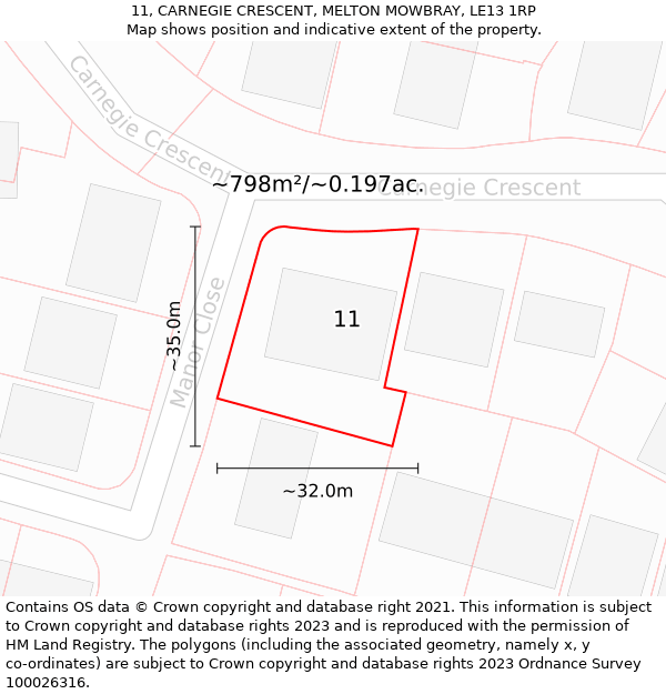 11, CARNEGIE CRESCENT, MELTON MOWBRAY, LE13 1RP: Plot and title map