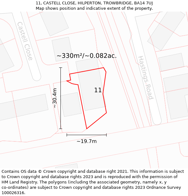 11, CASTELL CLOSE, HILPERTON, TROWBRIDGE, BA14 7UJ: Plot and title map