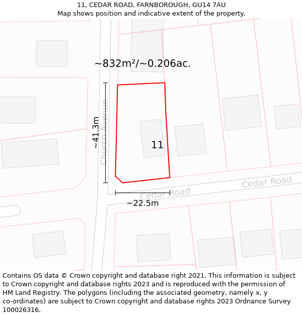 11, CEDAR ROAD, FARNBOROUGH, GU14 7AU: Plot and title map