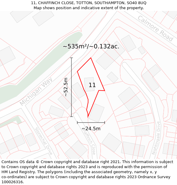 11, CHAFFINCH CLOSE, TOTTON, SOUTHAMPTON, SO40 8UQ: Plot and title map