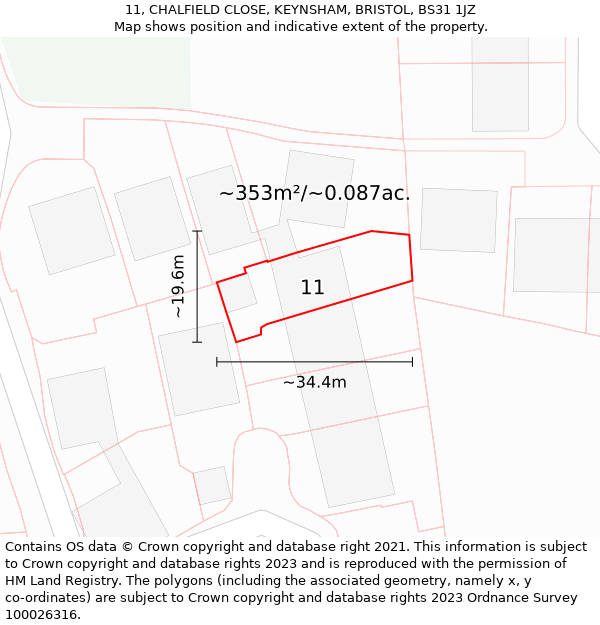 11, CHALFIELD CLOSE, KEYNSHAM, BRISTOL, BS31 1JZ: Plot and title map