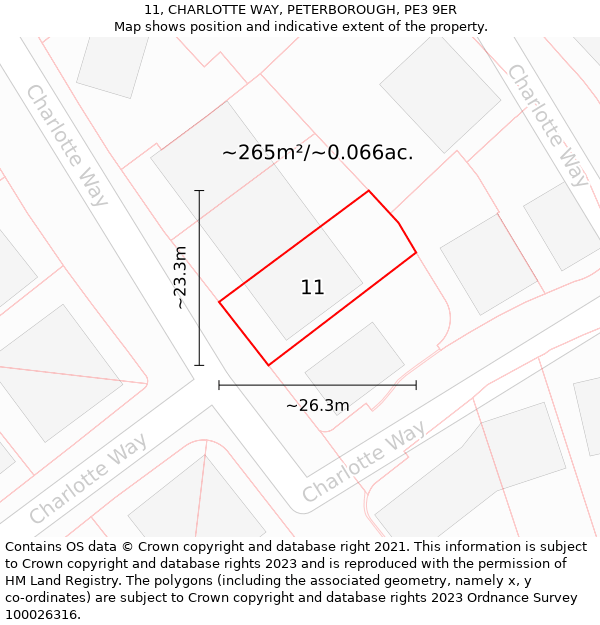 11, CHARLOTTE WAY, PETERBOROUGH, PE3 9ER: Plot and title map