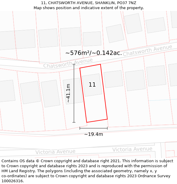 11, CHATSWORTH AVENUE, SHANKLIN, PO37 7NZ: Plot and title map