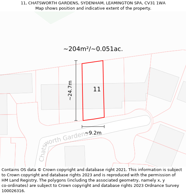 11, CHATSWORTH GARDENS, SYDENHAM, LEAMINGTON SPA, CV31 1WA: Plot and title map