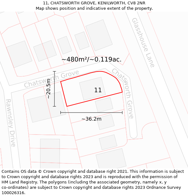 11, CHATSWORTH GROVE, KENILWORTH, CV8 2NR: Plot and title map