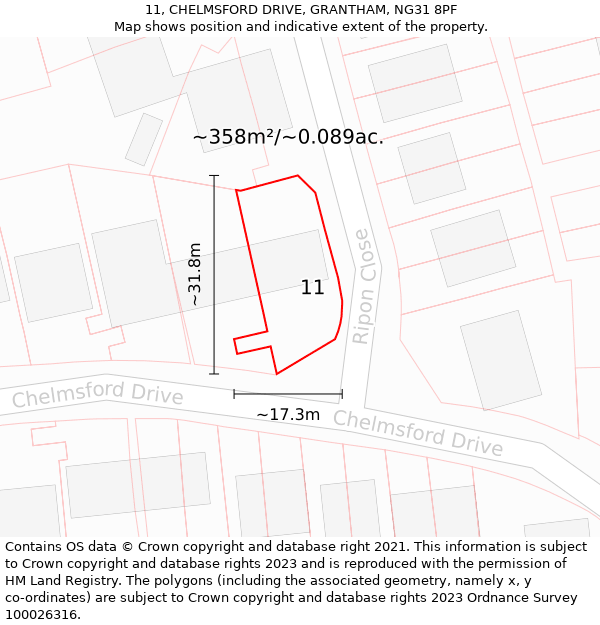 11, CHELMSFORD DRIVE, GRANTHAM, NG31 8PF: Plot and title map