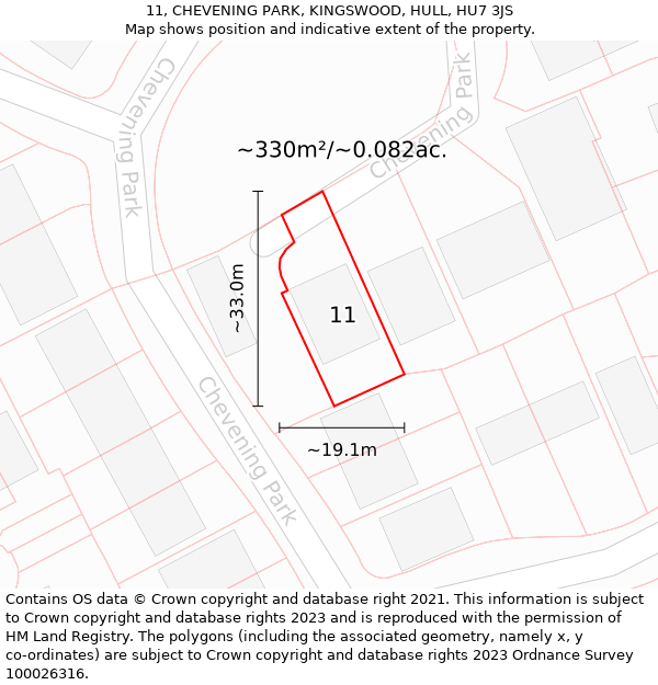 11, CHEVENING PARK, KINGSWOOD, HULL, HU7 3JS: Plot and title map