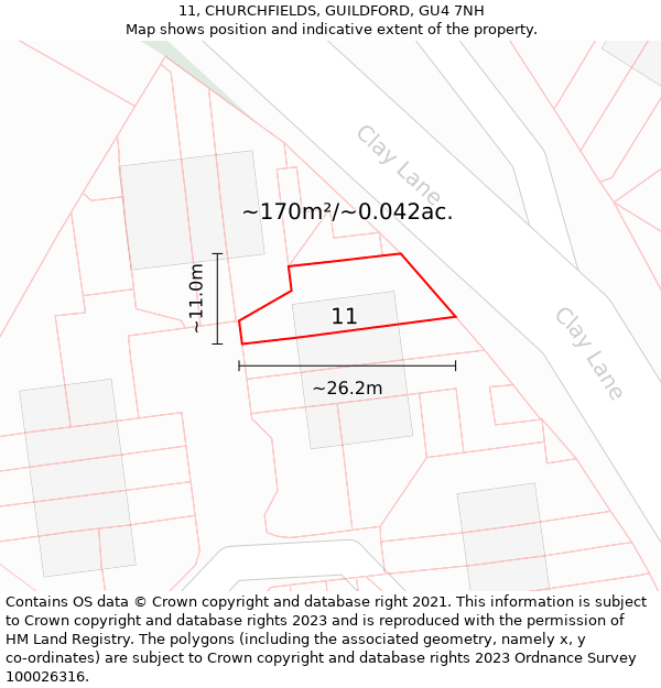 11, CHURCHFIELDS, GUILDFORD, GU4 7NH: Plot and title map