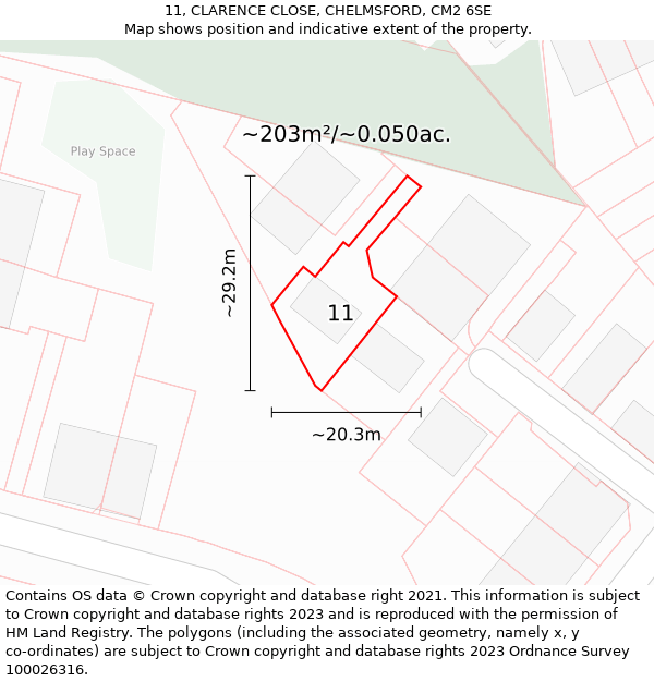 11, CLARENCE CLOSE, CHELMSFORD, CM2 6SE: Plot and title map