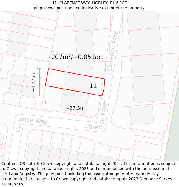 11, CLARENCE WAY, HORLEY, RH6 9GT: Plot and title map