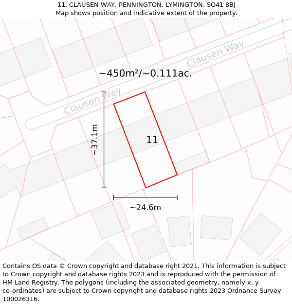 11, CLAUSEN WAY, PENNINGTON, LYMINGTON, SO41 8BJ: Plot and title map