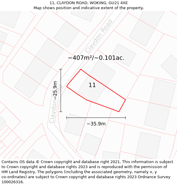 11, CLAYDON ROAD, WOKING, GU21 4XE: Plot and title map