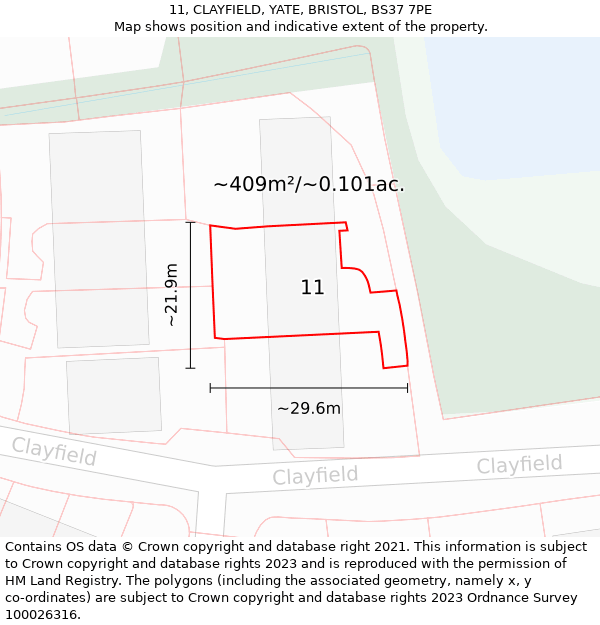 11, CLAYFIELD, YATE, BRISTOL, BS37 7PE: Plot and title map