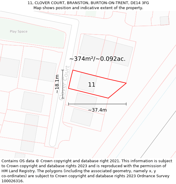 11, CLOVER COURT, BRANSTON, BURTON-ON-TRENT, DE14 3FG: Plot and title map