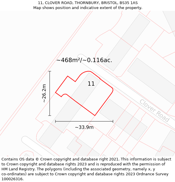 11, CLOVER ROAD, THORNBURY, BRISTOL, BS35 1AS: Plot and title map